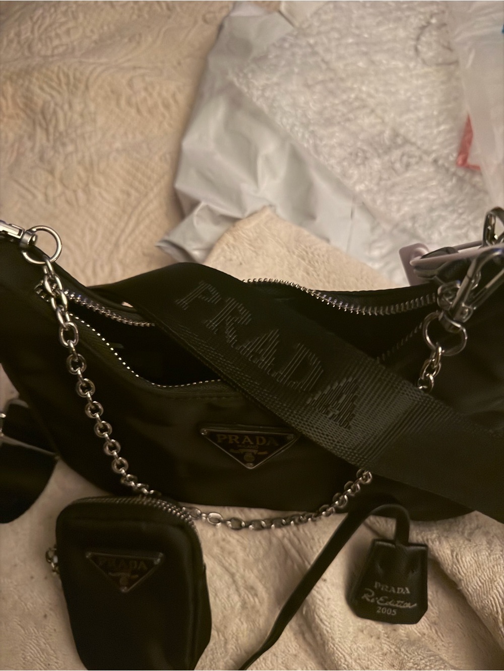 Prada Black Nylon Shoulder Bag with Chain and Logo Strap